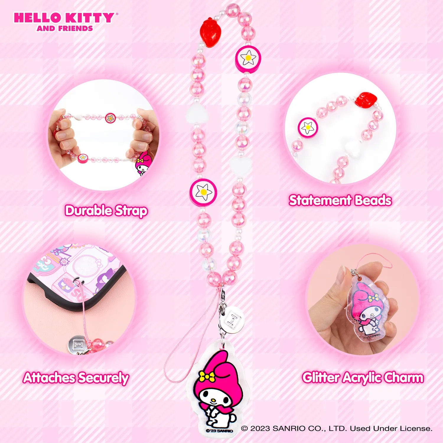 Hello Kitty My Melody mobilstropp med avtakbar glittercharm