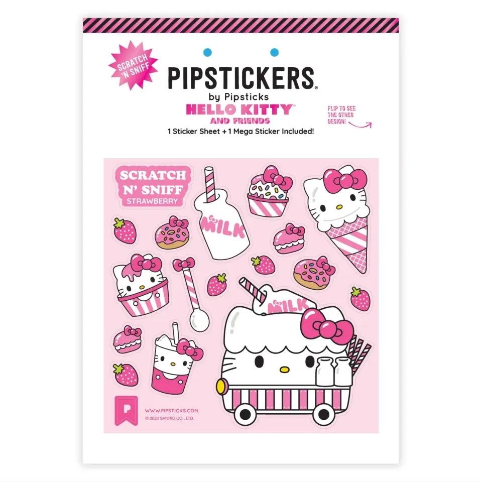 Hello Kitty Pipsticks Milk Cart Scratch 'n Sniff klistremerker med jordbærlukt 2 stk