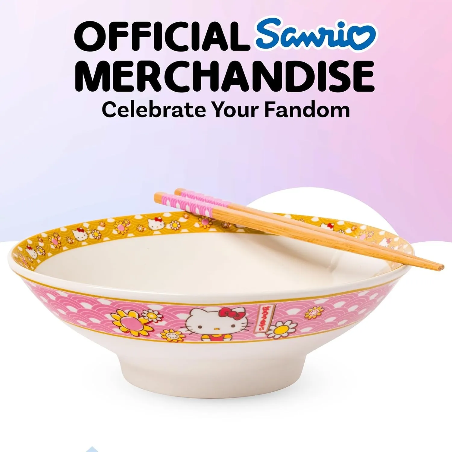 Hello Kitty Ceramic Noodle Bowl and Chopstick Set Golden Flowers nudelskål