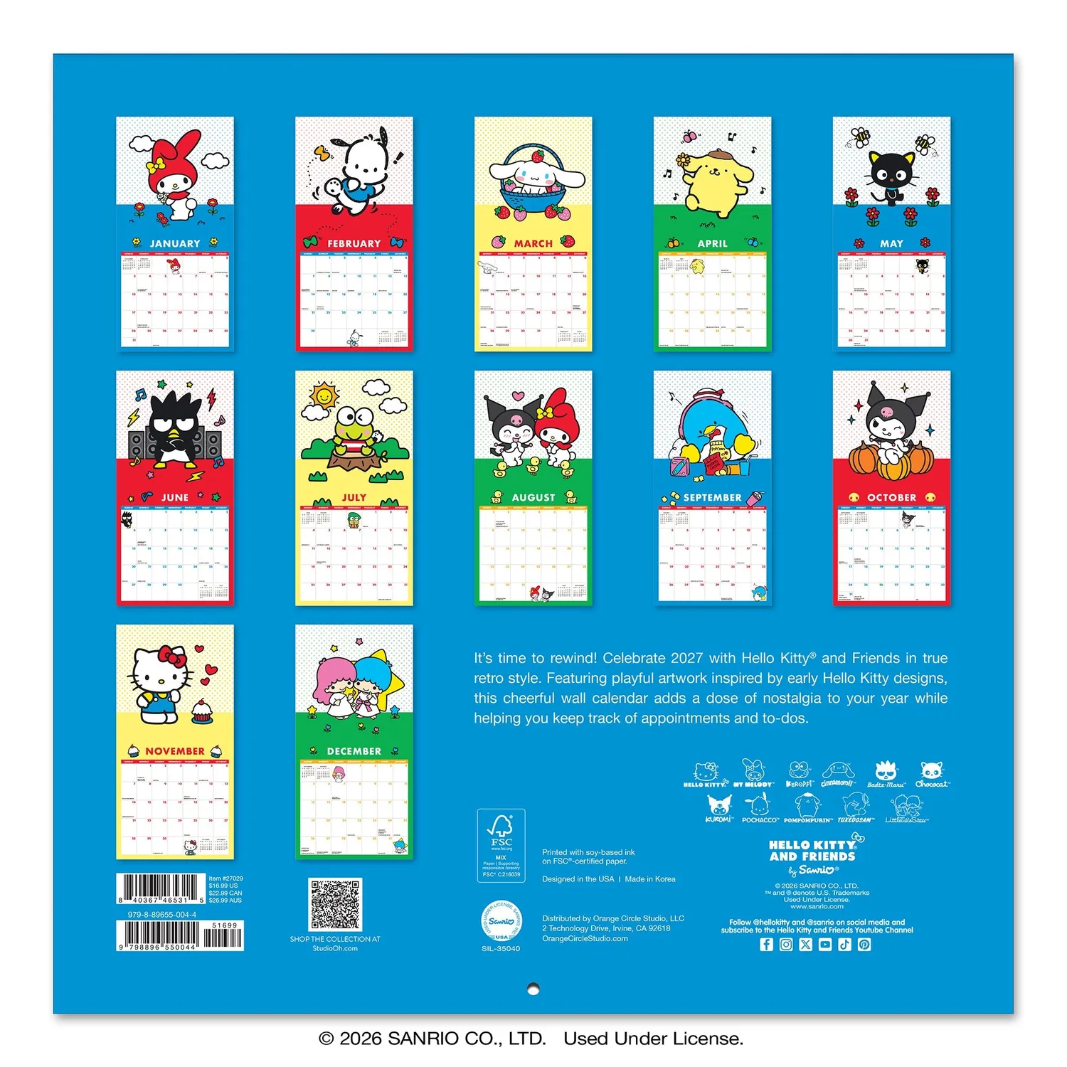 Hello Kitty and Friends 2027 Retro veggkalender 12 måneder