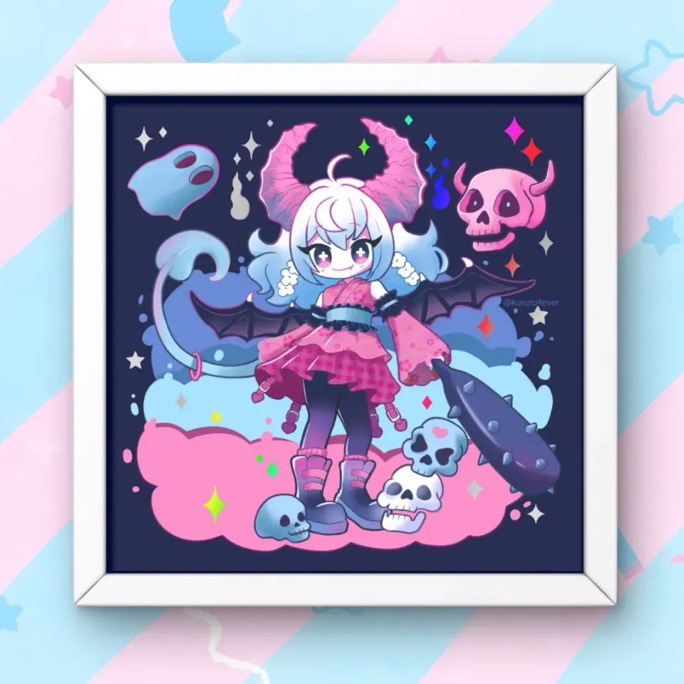 Kururu4ever Demon Girl kvadratisk plakat regnbueholografisk