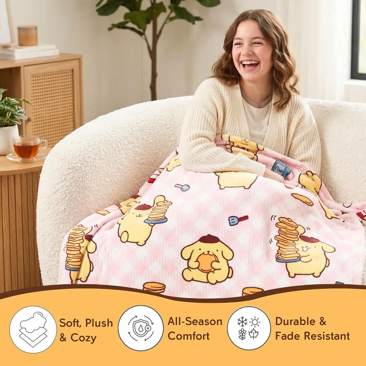 Hello Kitty Pompompurin Throw Blanket Pompompurin-pledd 62 × 90 tommer polyester