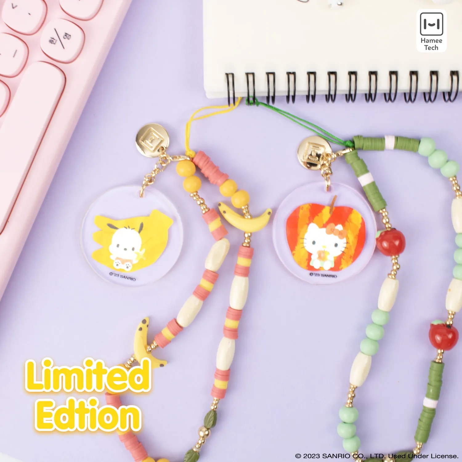 Hello Kitty Pochacco Banana Beaded Charm mobilrem med banandetaljer