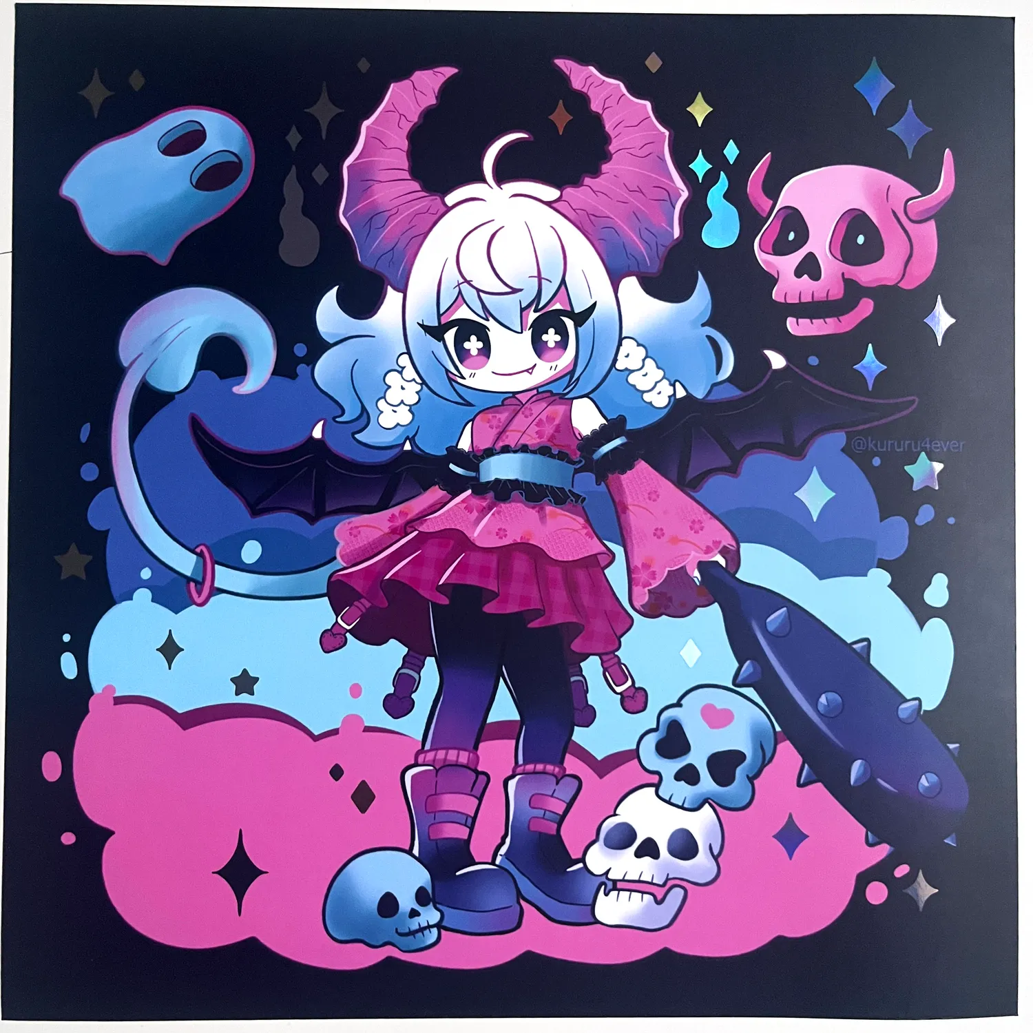 Kururu4ever Demon Girl kvadratisk plakat regnbueholografisk