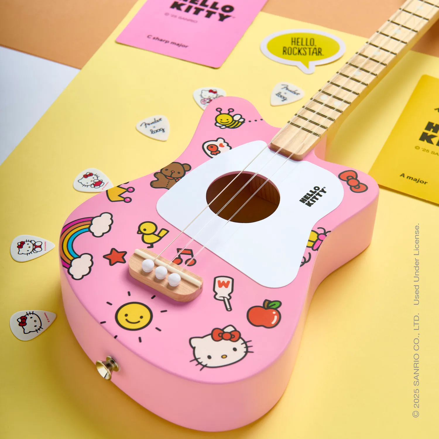 Hello Kitty x Loog Kids Mini akustisk gitar rosa 3-strengers