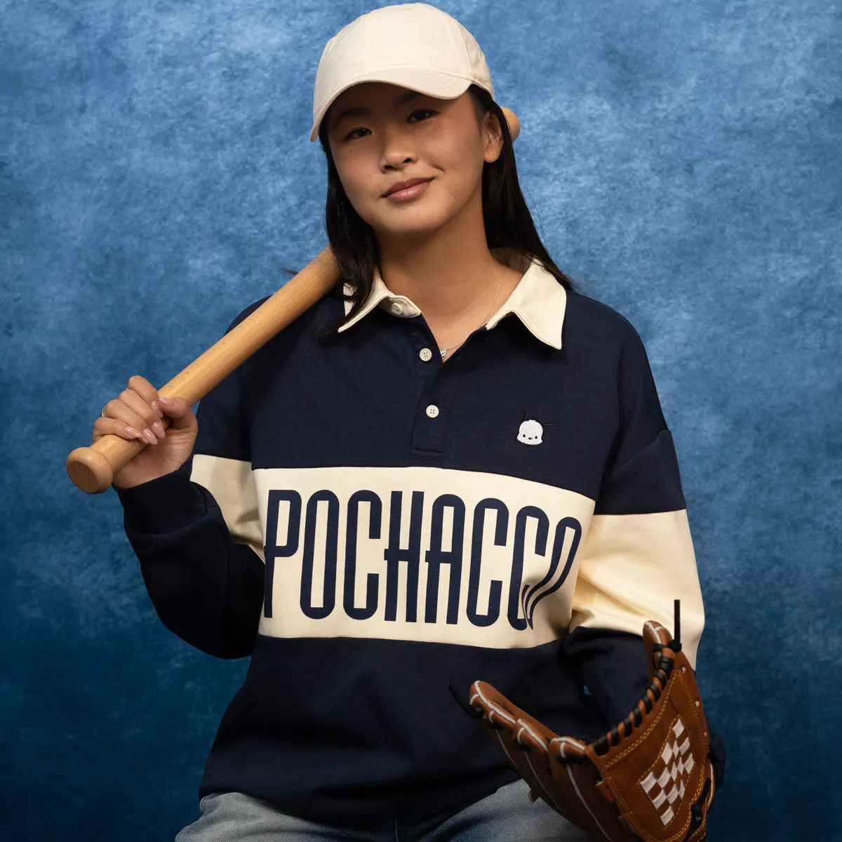 Hello Kitty Pochacco x JapanLA Long Sleeve Rugby Polo, marineblå/krem