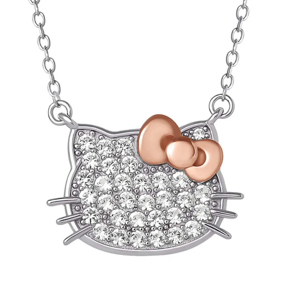 Hello Kitty 18" Two-Tone Gold Plated Pavé Necklace halskjede hvit safir