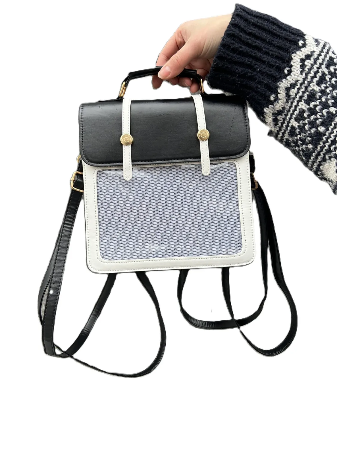 Neo Tokyo Japanese Fashion Shoulder Ita-Backpack ryggsekk svart og hvit