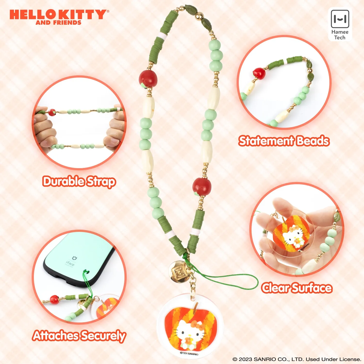 Hello Kitty Hamee Apple Beaded Charm mobilstropp med epleperler