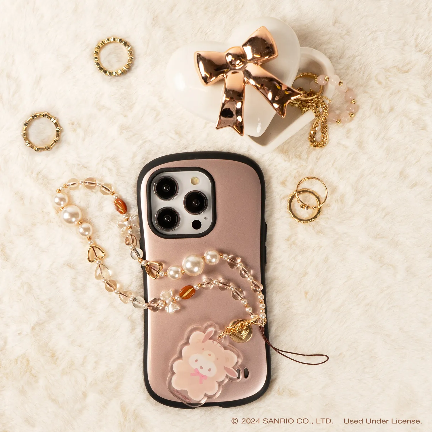 Hello Kitty Pochacco Latte Bear perlepyntet mobilrem med avtakbar charm