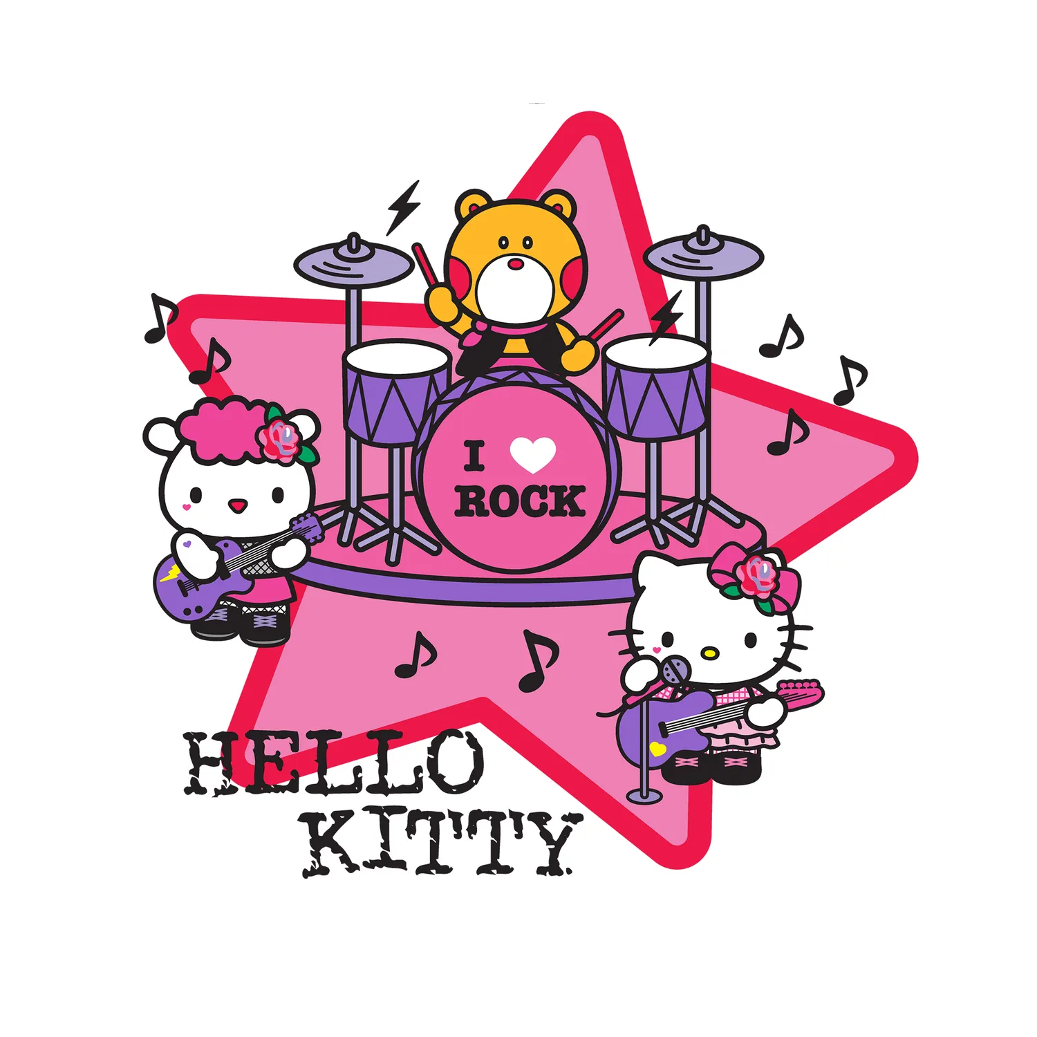 Hello Kitty I Love Rock T-skjorte Soft Cream XS bomull