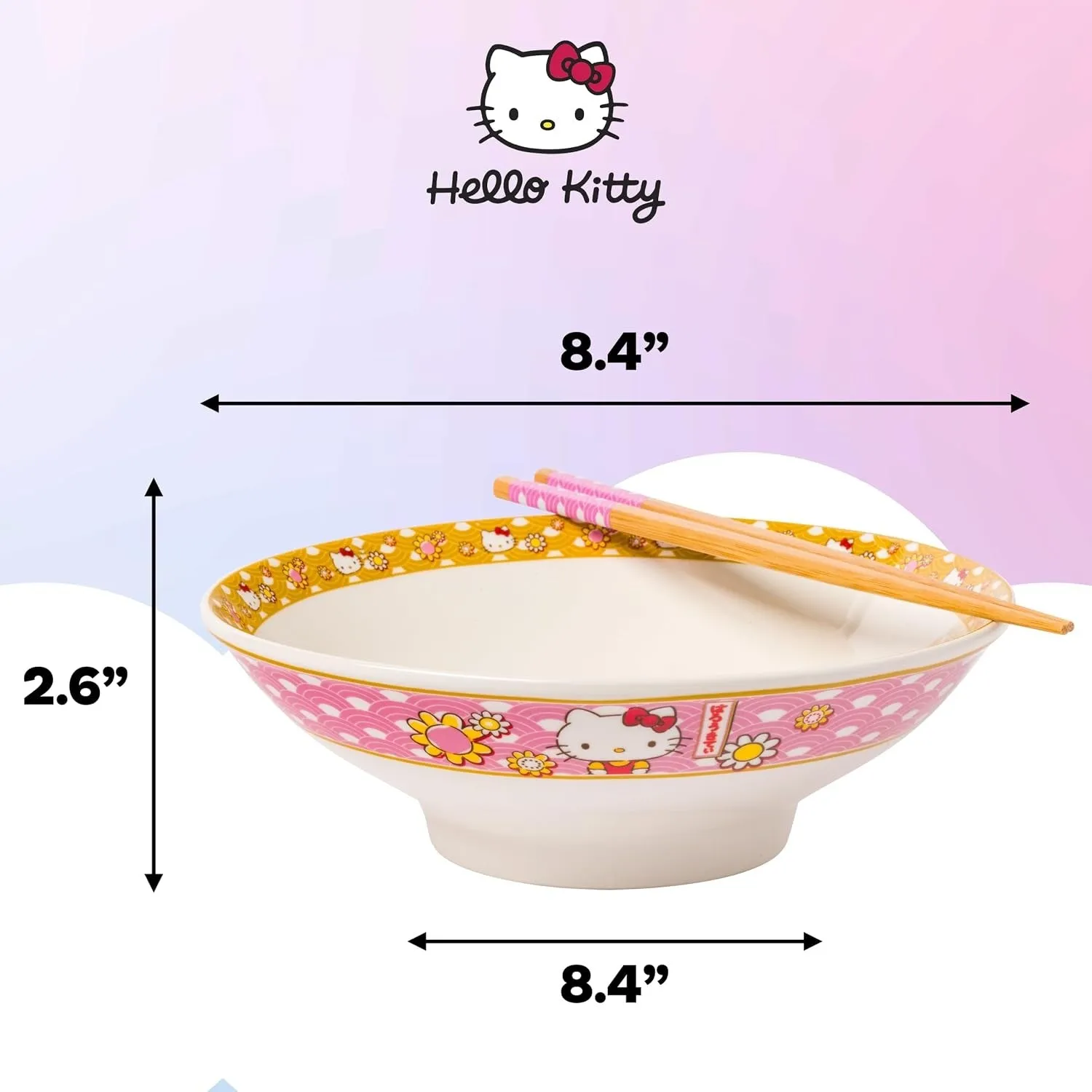 Hello Kitty Ceramic Noodle Bowl and Chopstick Set Golden Flowers nudelskål
