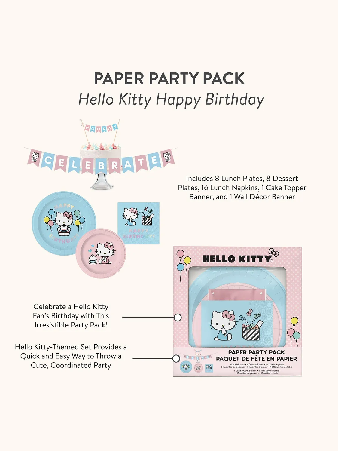 Hello Kitty Happy Birthday festsett papir, komplett bursdagspakke